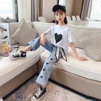 Girls summer clothing sports suit 2022 new Korean version children short sleeves clothes foreign air denim broadlegged pants two sets