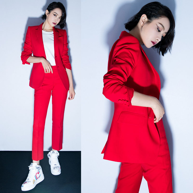 2025 Spring and Autumn New Red Ol Professional Suit for Women, Slimming Fashionable Blazer and Pants Two-Piece Set Trendy