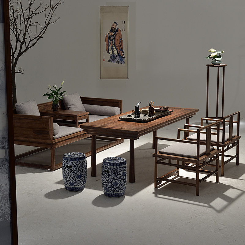 New Chinese Arhat Bed Tea Table Chair Combination Solid Wood Zen Black Walnut Kung Fu Sofa Tea Table Table Tea Room Furniture