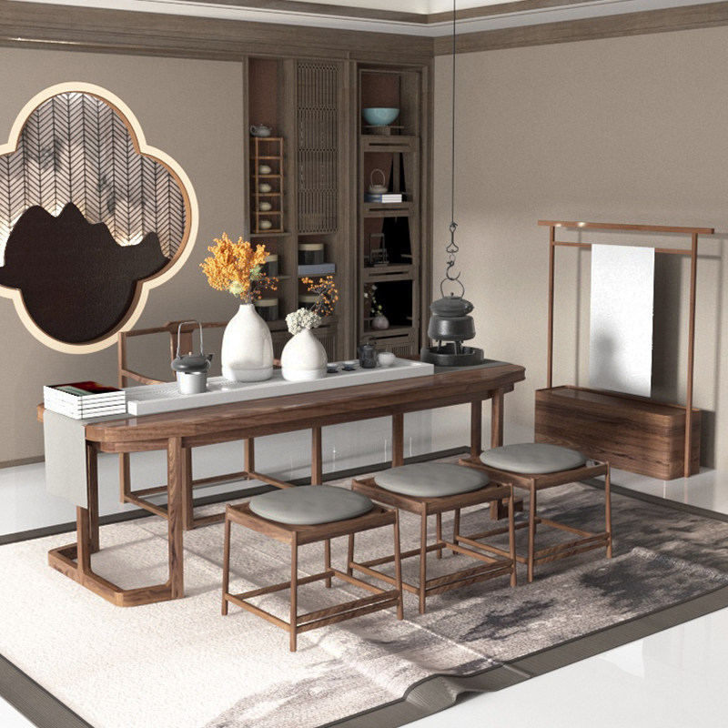 New Chinese style black walnut tea table and chair combination ash wood Kung Fu tea table solid wood tea house club tea room furniture