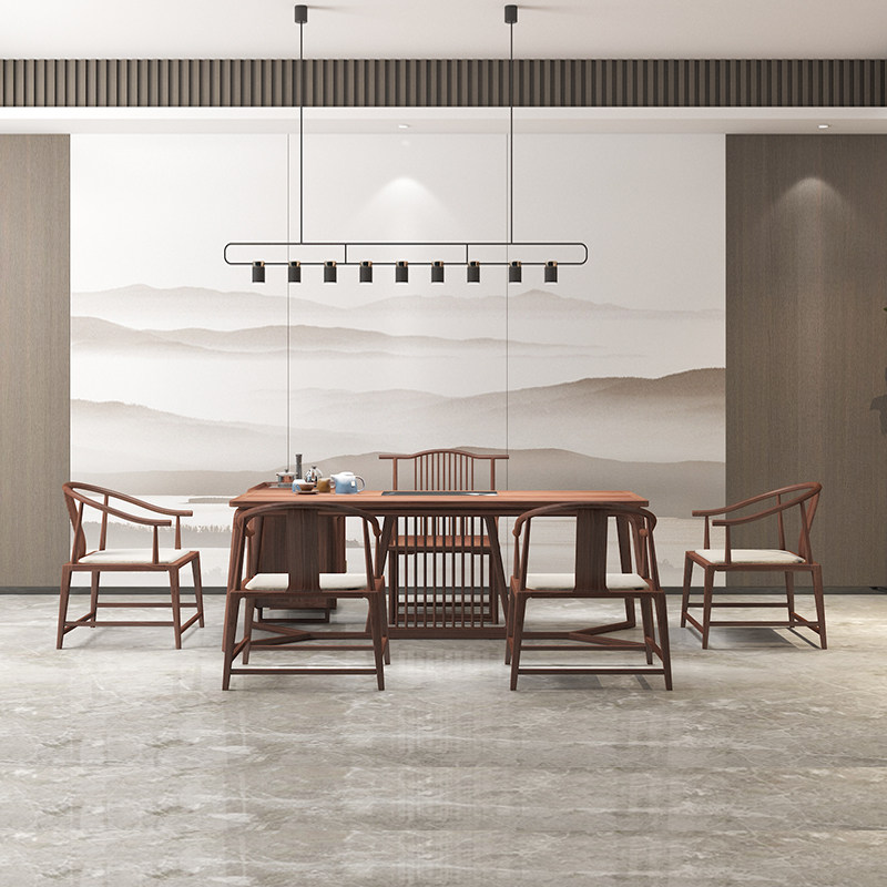 New Chinese tea table and chair combination of modern black walnut all solid wood kung furniture of Zen Tea House