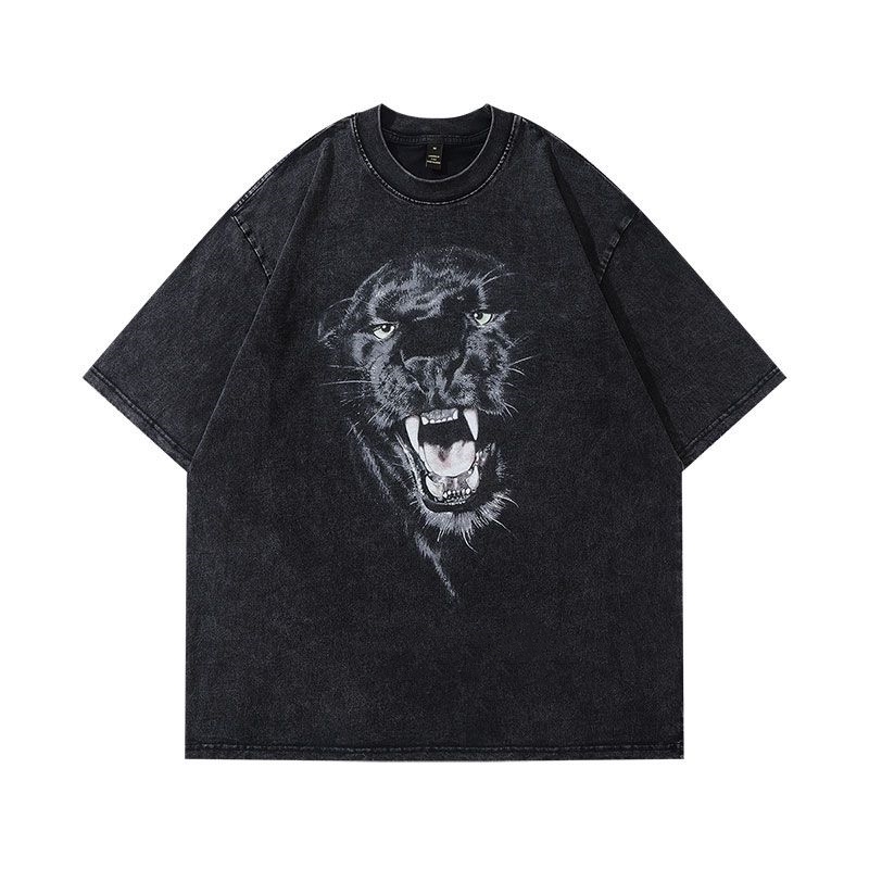 Extra Large Size 150kg Black Leopard Print Heavy Washed Distressed Short-Sleeved T-Shirt Men's Summer Hip-Hop Style Half-Sleeved Top