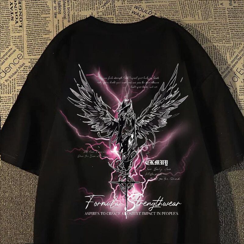 Extra Large Size 150kg High Street Dark Angel Print Short-Sleeve T-Shirt Unisex Summer Loose Trendy Couple Top