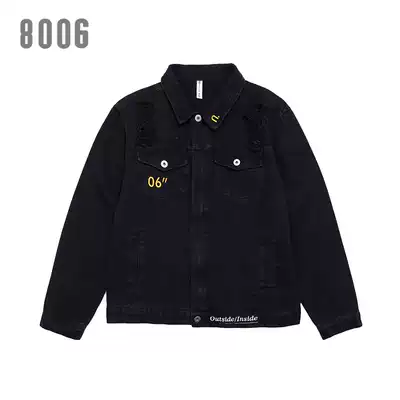 Embroidery scraped holes black denim jacket men's trend brand European and American street hip-hop Harajuku style retro loose and wild