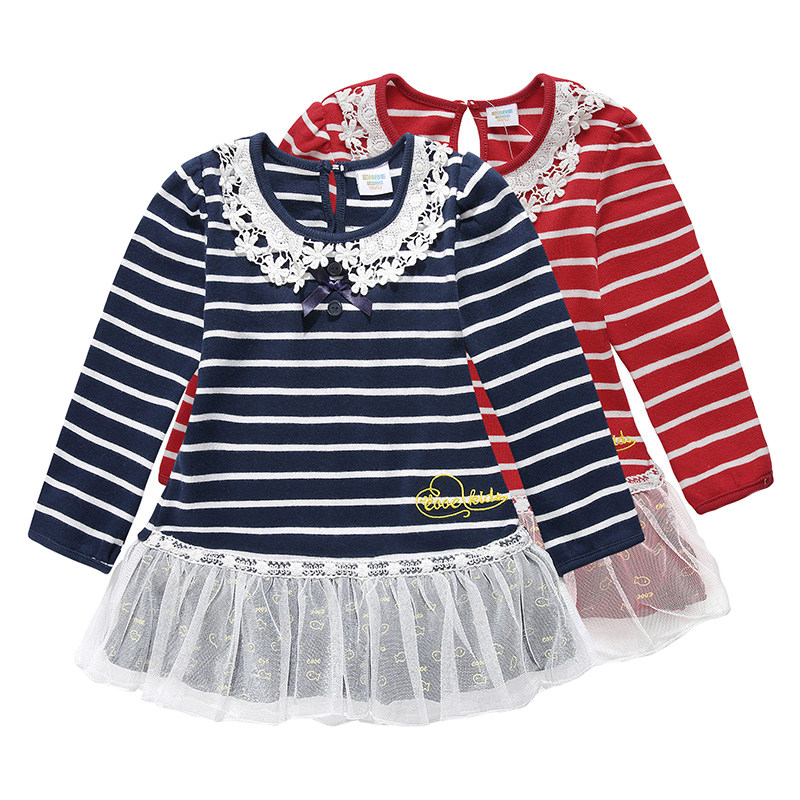 Very small fish 25193 spring and autumn girls striped cotton 12 months thin round neck casual lace edge long sleeves