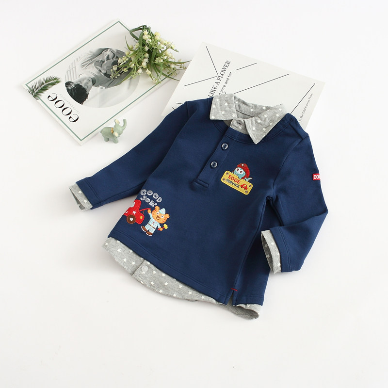 Very small fish 26517 boys spring and autumn knitted blue cotton casual flip over fake two-piece soft T-shirt top