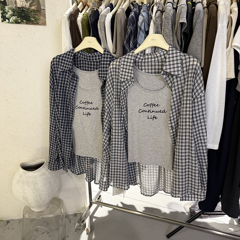 New Arrivals for Summer: Polo Collar Plaid Long-Sleeved Shirt, Sun Protection Clothing + Lettered Vest, Casual Two-Piece Top Set