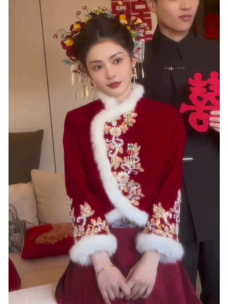 Evening dress, red down jacket, set, Chinese style
