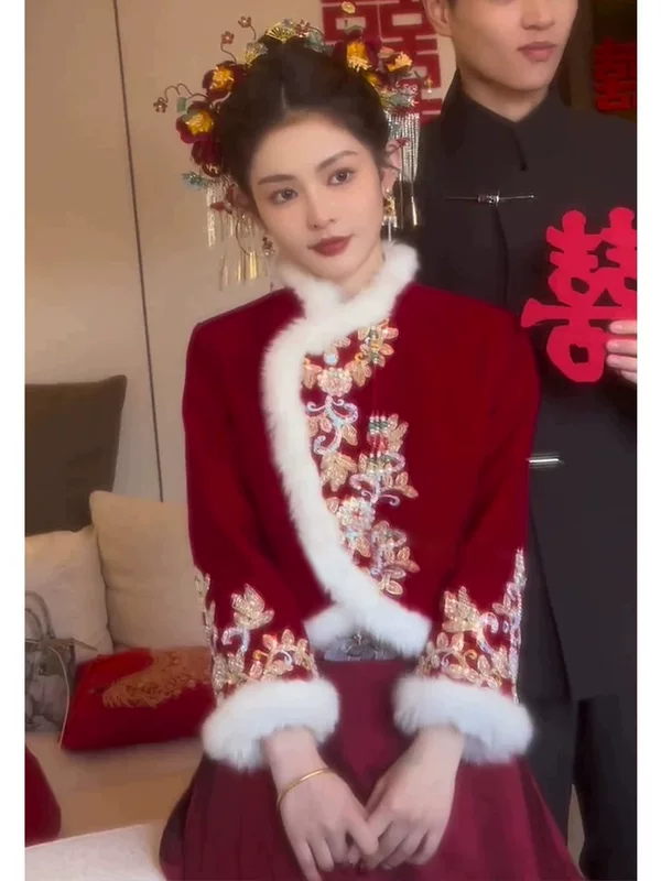 Evening dress, red down jacket, set, Chinese style