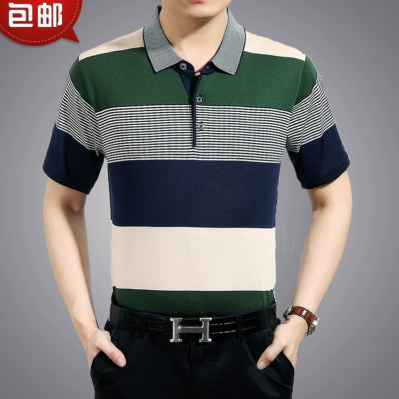 Mùa hè trung niên của nam giới nửa tay lụa trung niên lụa t-shirt nam ngắn tay màu rắn với pocket pocket top