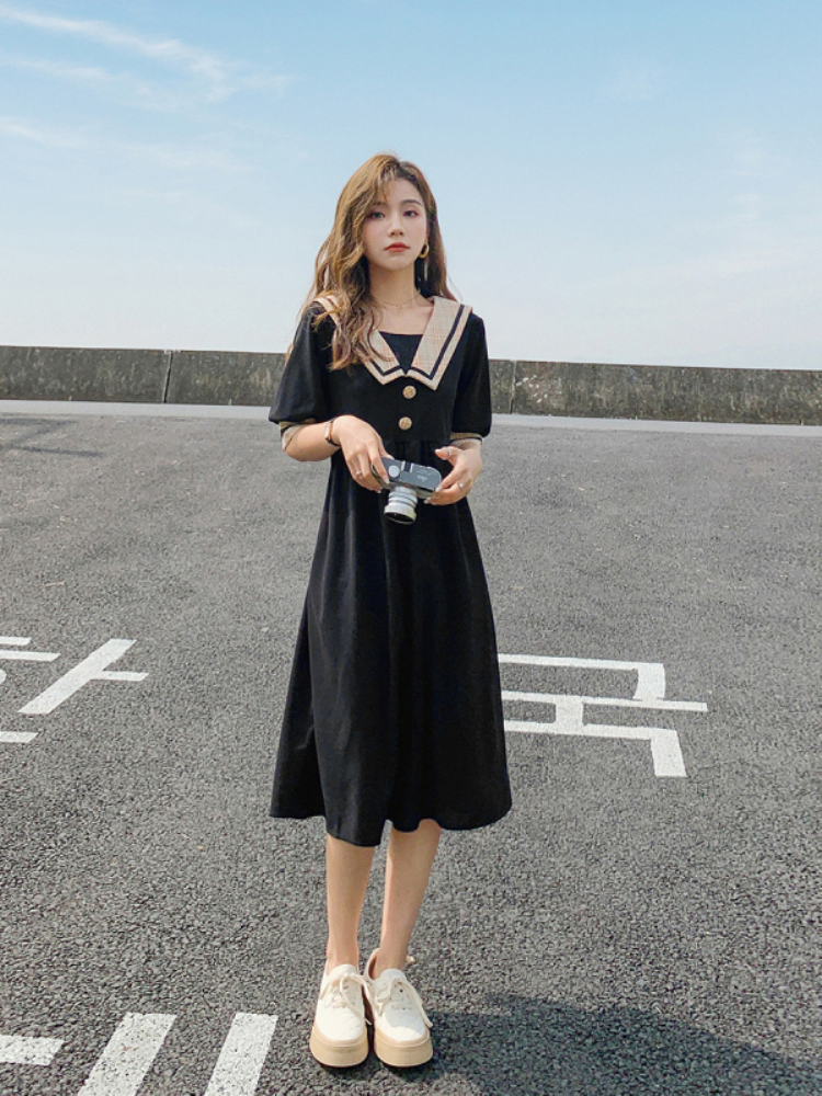 Austronesian wind large size navy collar college style dress women's summer 2021 new fat mm belly cover thin skirt