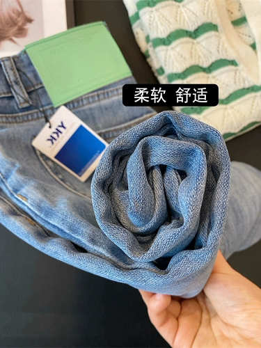 Штаны, весенние эластичные джинсы, тренд сезона, свободный крой, высокая талия, для формы тела «груша», большой размер