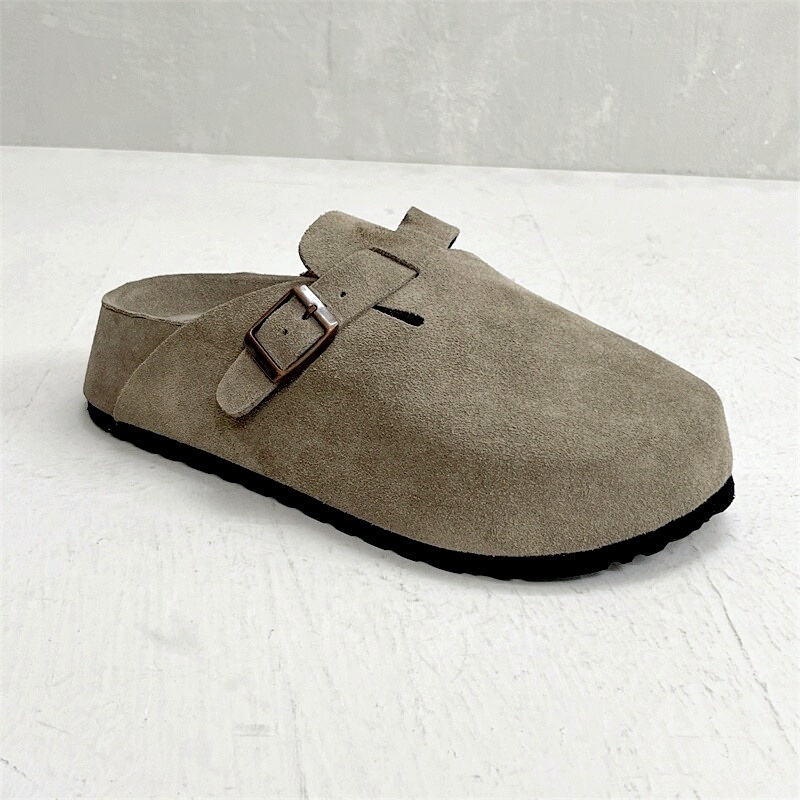 Foreign Trade Cowhide Height-Increasing Birkenstock Shoes, Thick-Soled, Genuine Leather, Gray, Fashionable, Lightweight, Closed-Toe Half-Slippers for Women, Spring and Summer
