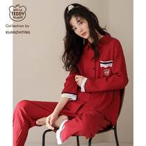 Teddy world pyjamas womens spring and autumn pure cotton long sleeves new red all-cotton extras outside wearing home in fall suit