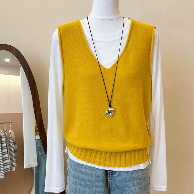 Guangzhou Thirteen Lines women's high-end European yellow v-neck wool knitted sleeveless vest vest stacking vest top