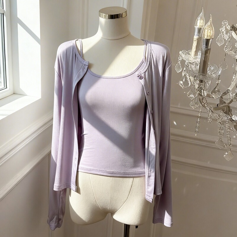 Guangzhou Thirteen Rows Women's Clothing 2026 Spring New Arrival Light Purple Sunscreen Long Sleeve Cardigan Two-Piece Set