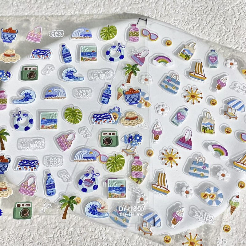 Summer Beach Vacation Style Nail Art Stickers Embossed Three-Dimensional Rainbow Ice Cream Adhesive Waterproof Nail Decoration Stickers