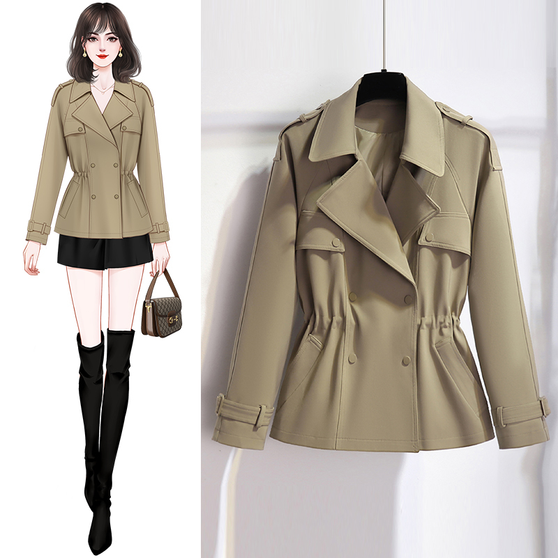 British Style Short Trench Coat for Petite Women, 2026 New Spring and Autumn High-End Khaki Drawstring Waist