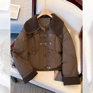 美拉德咖色翻领短款羽绒服女冬2025新款洋气轻薄90白鸭绒保暖外套