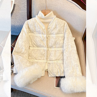 白色中式国风高级感毛绒袖羽绒服女2025新款冬季保暖白鸭绒短外套