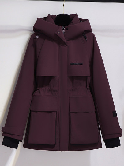 Burgundy Parka down Jacket for Women, Mid-Length, 2025 New Winter Thickened Hooded Workwear Parka Coat