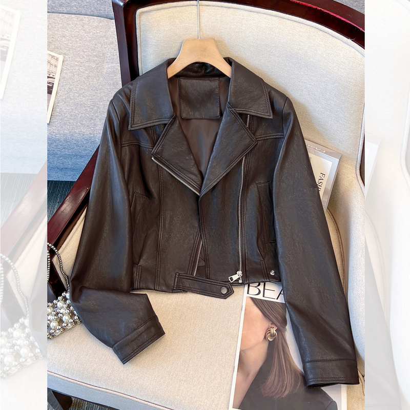 Brown Short Leather Jacket for Women, 2026 New Autumn Trendy Hot Item, High-End Slim Fit Lapel Leather Jacket Brown Short Leather Jacket for Women, 2026 New Autumn Trendy Hot Item, High-End Slim Fit Lapel Leather Jacket