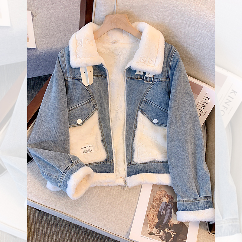 Glint Thickened Denim Jacket Woman 2023 new autumn and winter exploits for small sub-loose ladies short winter clothes-Taobao