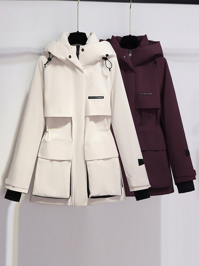 Burgundy Parka down Jacket for Women, Mid-Length, 2025 New Winter Thickened Hooded Workwear Parka Coat