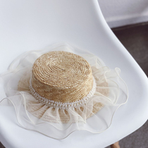 Girls big eaves sunscreen straw hat Korean version of Princess lace breathable sun shade cool hat walking Shang Shang baby straw flat top hat