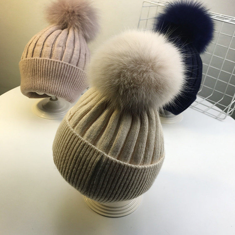 Children's hat autumn winter upscale fox wool balls male and female child knit cap 1-2-3 years 456 baby warm hat