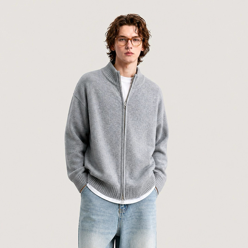 Cegffh American Retro Stand-Up Collar Double-Zip Cardigan Sweater Jacket Unisex Trendy Loose Knit Top