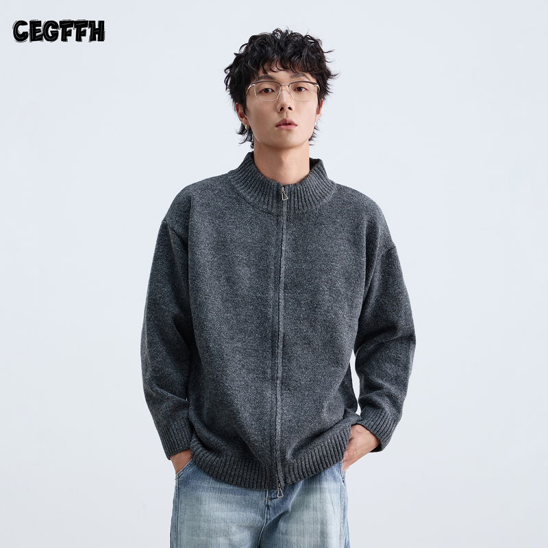 Cegffh American Retro Stand-Up Collar Double-Zip Cardigan Sweater Jacket Unisex Trendy Loose Knit Top Cegffh American Retro Stand-Up Collar Double-Zip Cardigan Sweater Jacket Unisex Trendy Loose Knit Top