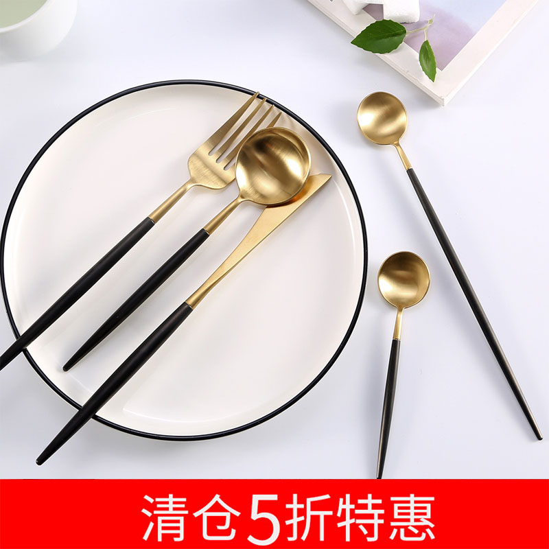 ins stainless steel black gold western dining cutlery steak knife fork spoon long handle dessert coffee spoon fruit fork suit one son