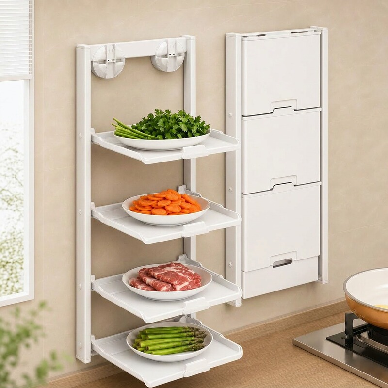 Foldable Suction Cup Kitchen Prep Tray Storage Rack, No-Drill Wall-Mounted Multi-Layer Food Preparation Organizer, Household Storage Shelf Foldable Suction Cup Kitchen Prep Tray Storage Rack, No-Drill Wall-Mounted Multi-Layer Food Preparation Organizer, Household Storage Shelf