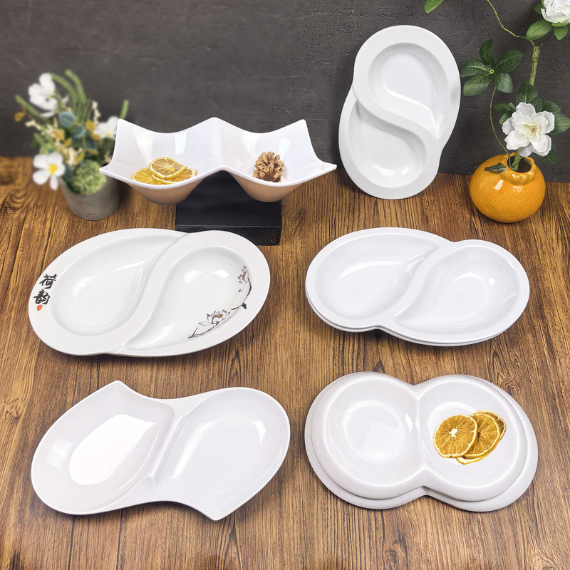 Melamine Double-Plated Plate for Commercial Use, Vinegar-Soaked Peanuts Double-Compartment Dish, Cold Dish Plate, Restaurant Three-Compartment Shallow Plate, Imitation Porcelain Hotel Tableware