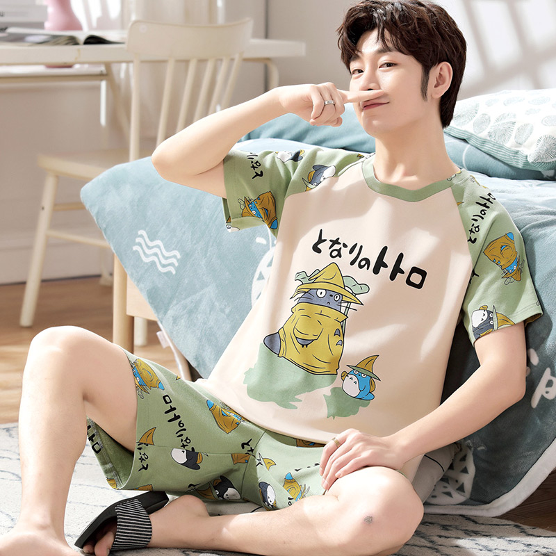 Bộ đồ ngủ Mens Summer mỏng ngắn tay áo bông Junior High School Student cartoon Teen trai Summer Home Suit.