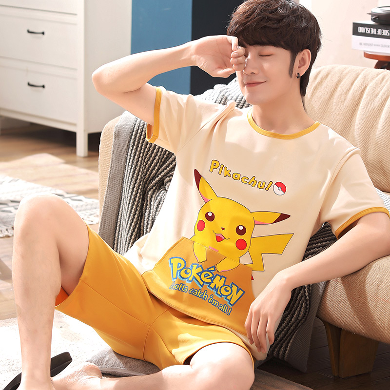 Bộ đồ ngủ Mens Summer mỏng ngắn tay áo bông Junior High School Student cartoon Teen trai Summer Home Suit.