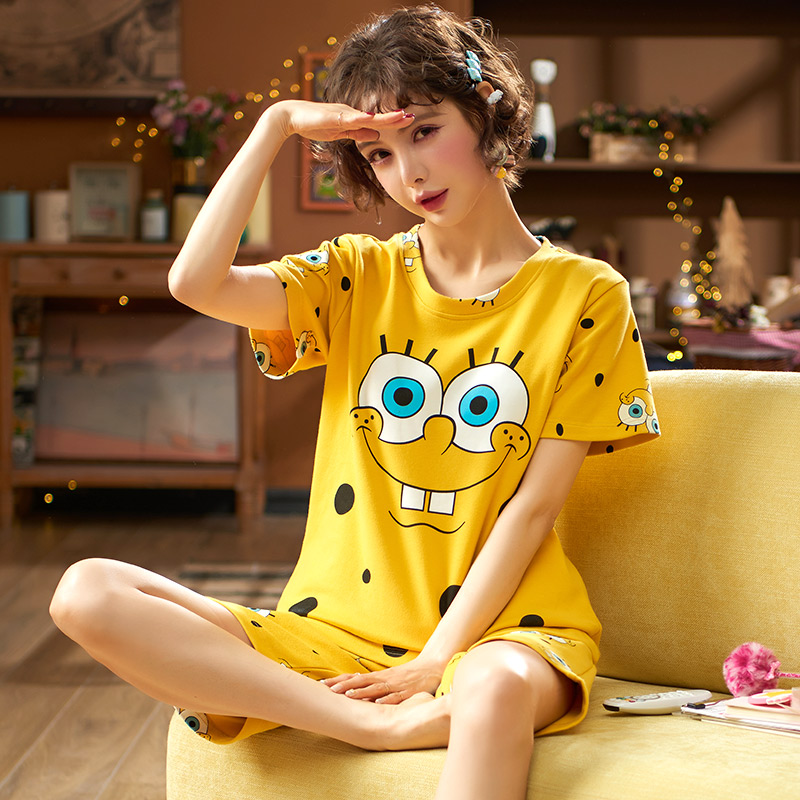 Pajama nữ mùa hè mỏng bông ngắn sleevestudent hai mảnh bộ Hàn Quốc phiên bản của quần áo nhà xu hướng thời trang cổ tròn.