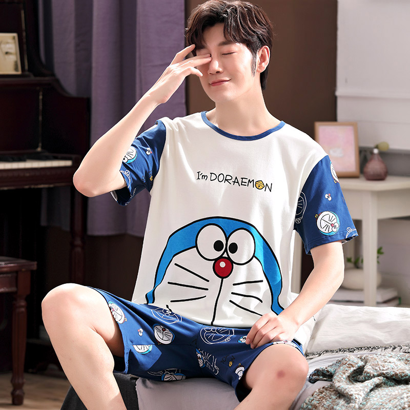 Bộ đồ ngủ Mens Summer mỏng ngắn tay áo bông Junior High School Student cartoon Teen trai Summer Home Suit.