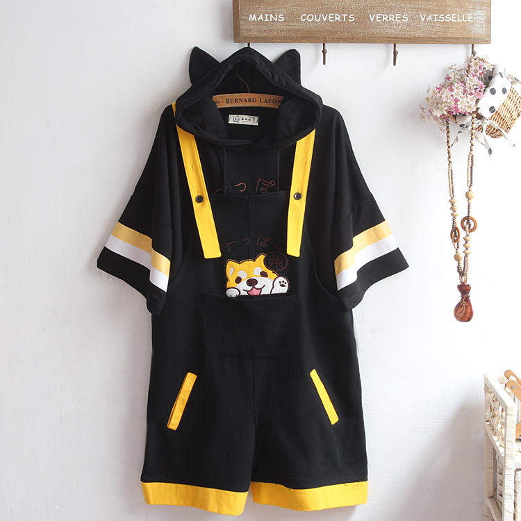 Summer Cute Boys and Girls Couple Style Soft Girl Shiba Inu Jumpsuit Loose Student Japanese-Style Overalls Set