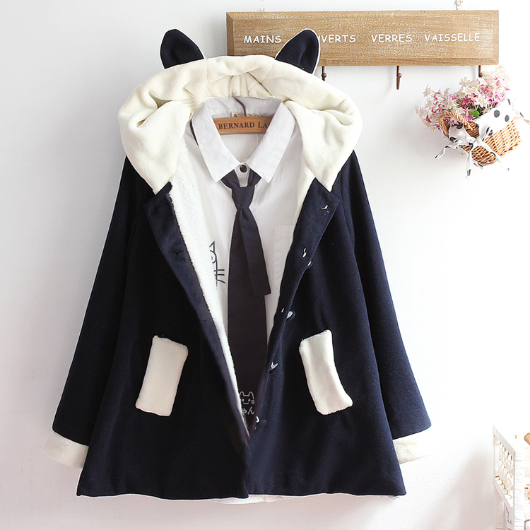 LAOSHU Styles of Men's and Women's Flannel Loose Woolen Coats, Winter Wear, Cute Ear Hooded Student Capes, Thickened Overcoats