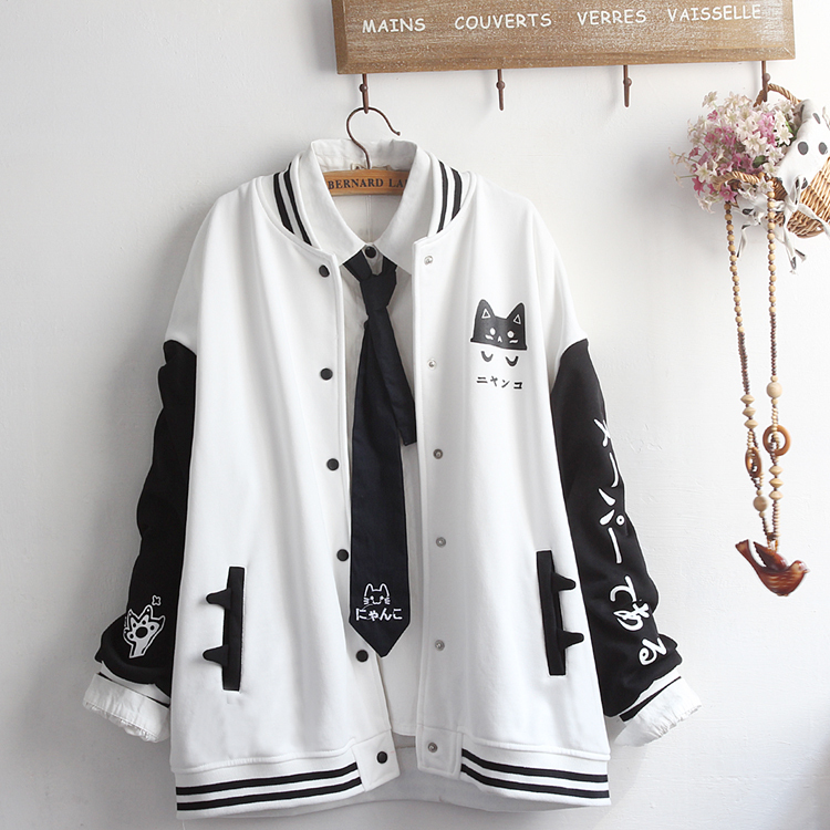 Japanese-Style Cute Male and Female Couple Cat Japanese Print Baseball Uniform Set Soft Girl Color-Blocking Youth Jacket Coat