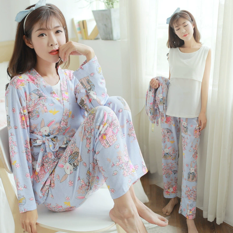 Đặc biệt hàng ngày quần áo cotton mùa hè mỏng ba mảnh ba mảnh phụ nữ mang thai đồ ngủ điều dưỡng đồ ngủ nhà điều dưỡng quần áo nhà - Giải trí mặc / Mum mặc