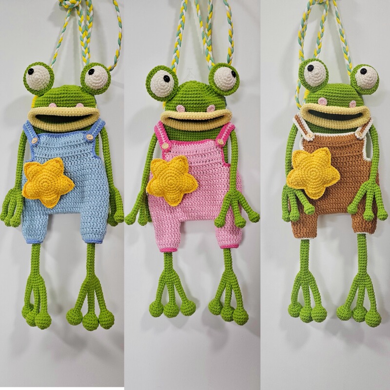 [Finished Product] Hand-Knitted Big-Mouthed Frog Phone Bag, Yarn Crochet Hollow Bag, Cute Backpack, Crossbody Bag