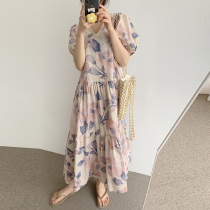 2021 summer new vintage dizzy color v-neck dress womens fashion loose thin bubble sleeve dress