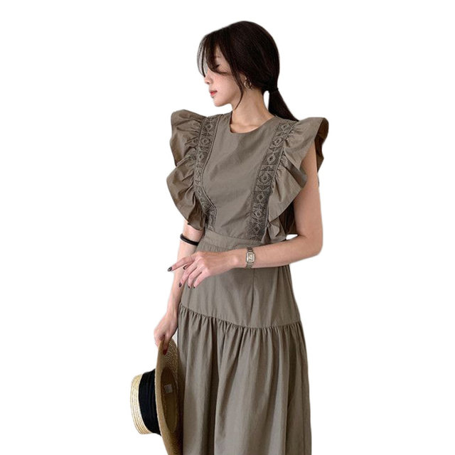 2023 summer new light and familiar style elegant dress female waist slimming round neck flying sleeve long skirt