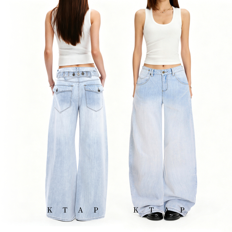 Ktap Light-Colored Bamboo High-Waisted Wide-Leg Jeans for Women 2026 Summer Back-Button Design with Drape Effect Scimitar Pants