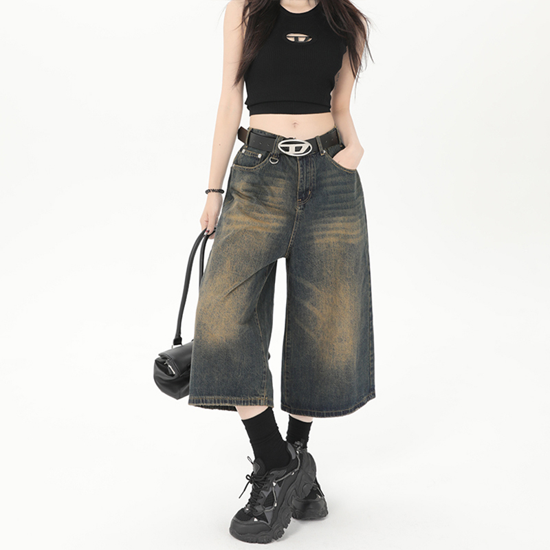 American Retro Cropped Pants for Women, Summer Thin High-Waisted Loose Washed Vintage Lazy Style Wide-Leg Denim Shorts