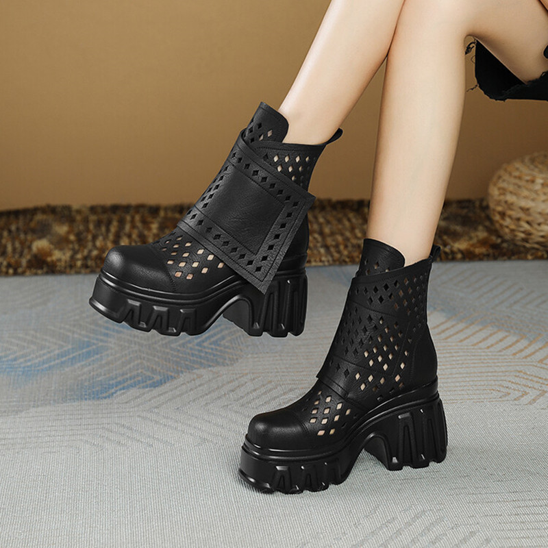 Women's Height-Increasing Shoes Within 10cm, Hollow-Out Sandals, Ultra-High Heels, Genuine Leather Sandals, Waterproof Platform, Thick-Soled Casual Shoes