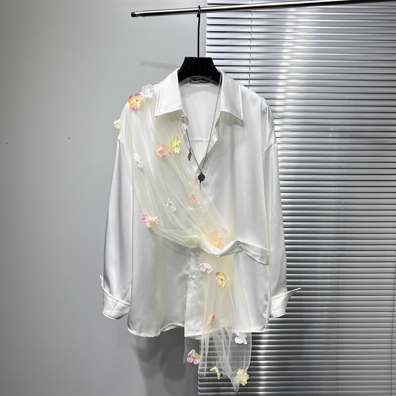 Stylish Long-Sleeved Shirt for Men with a Three-Dimensional Floral Mesh Design, 2025 Autumn New High-End Trendy Shirt